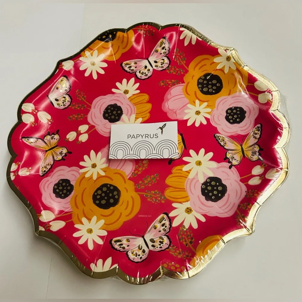 New 16 Papyrus Paper Plates Pink Floral Unusual Shape Gold Edges